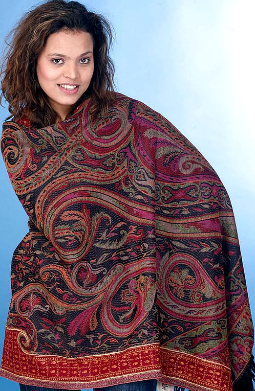 Black Jamawar Shawl with Dense Multi-Color Weave and Embroidery on Border