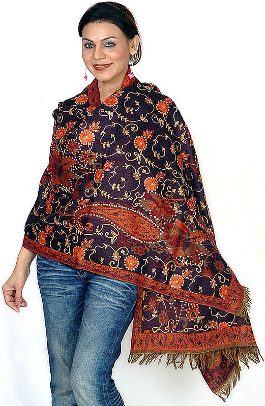 Black Jamawar Stole with Sequins and Floral Aari-Embroidery