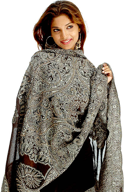 Black Jamawar Stole with Wooden Beads