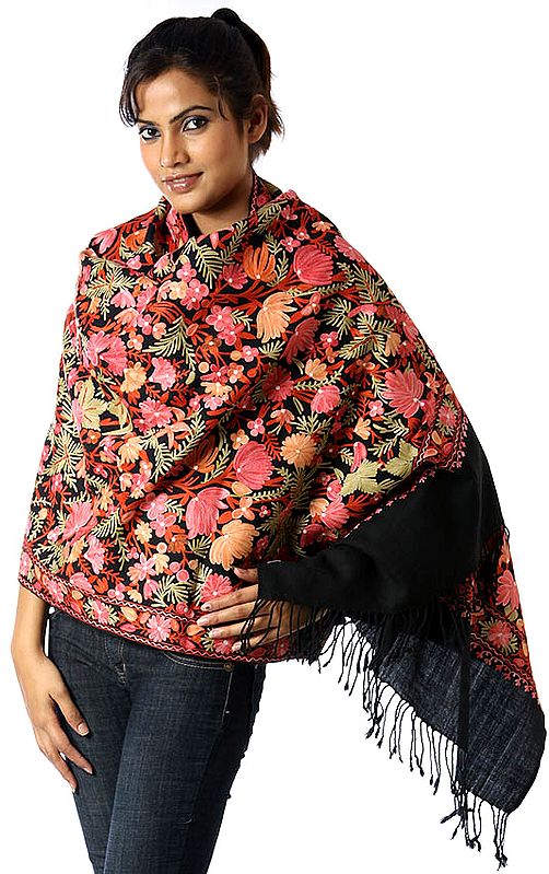 Black Jamdani Stole from Kashmir with Dense Multi-Color Embroidery