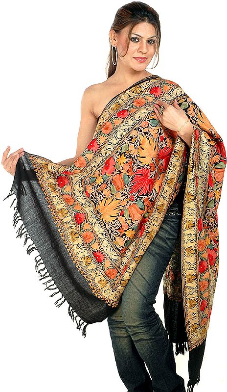 Black Jamdani Stole from Kashmir with Embroidered Chinars and Tulips