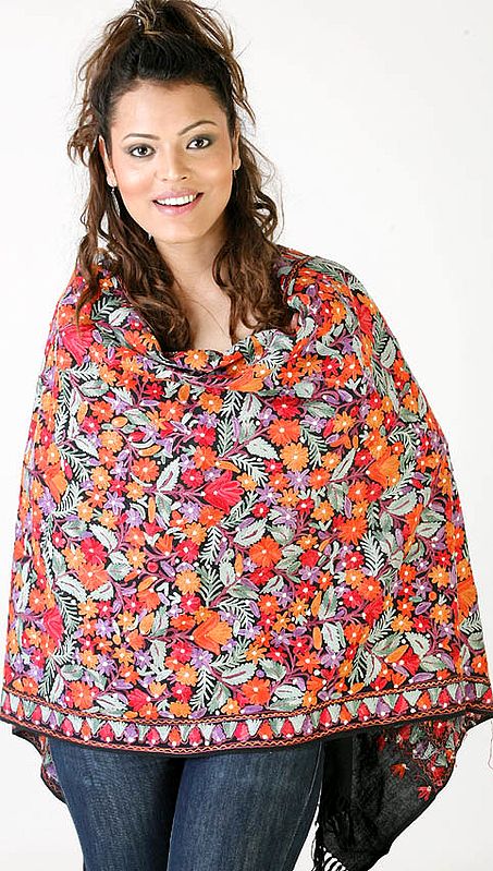 Black Jamdani Stole from Kashmir with Multi-Color Floral Embroidery