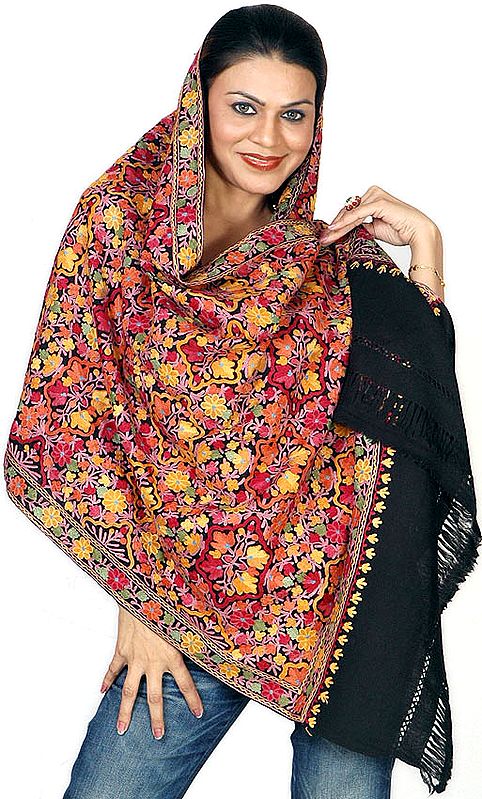 Black Jamdani Stole from Kashmir with Multi-Color Floral Embroidery