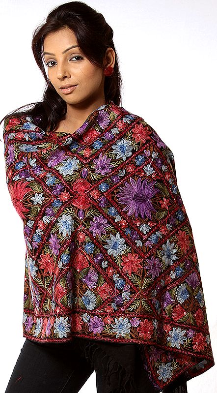 Black Jamdani Stole from Kashmir with Multi-Colored Embroidery All-Over