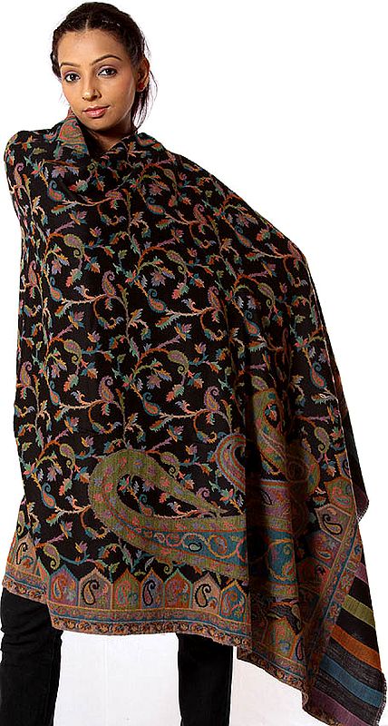 Black Kani Jamawar Shawl with Multi-Color Weave All-Over