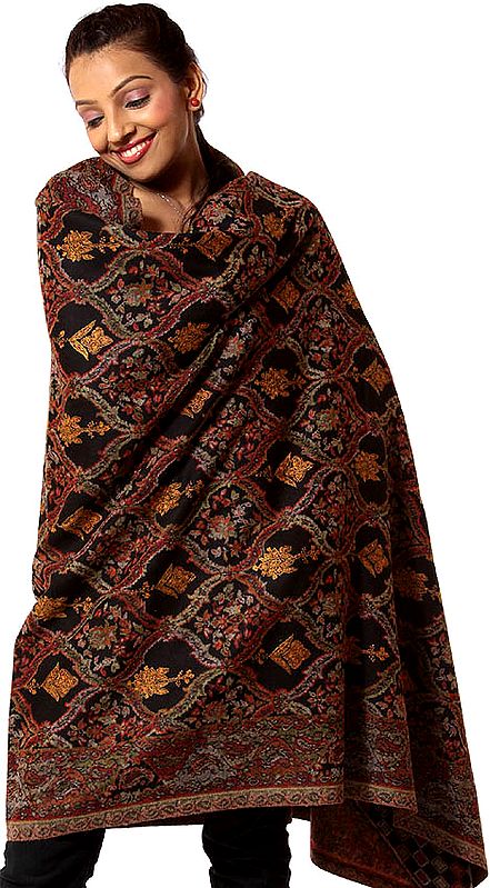 Black Kani Shawl with All-Over Weave and Sozni Embroidery by Hand