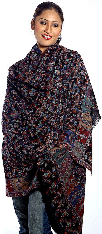 Black Kani Shawl with Multi-Color Floral Weave