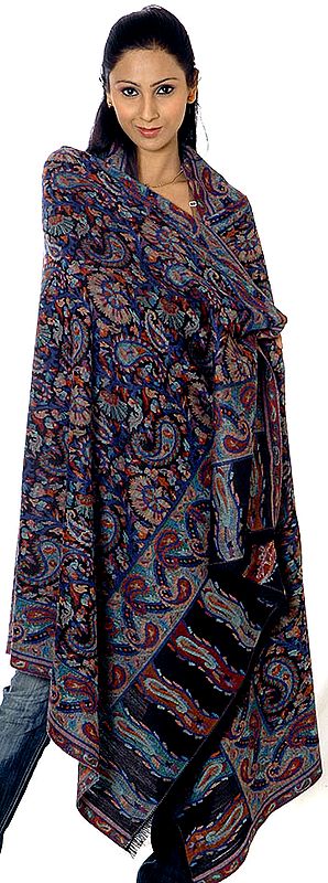 Black Kani Shawl with Multi-Color Paisleys Woven All-Over