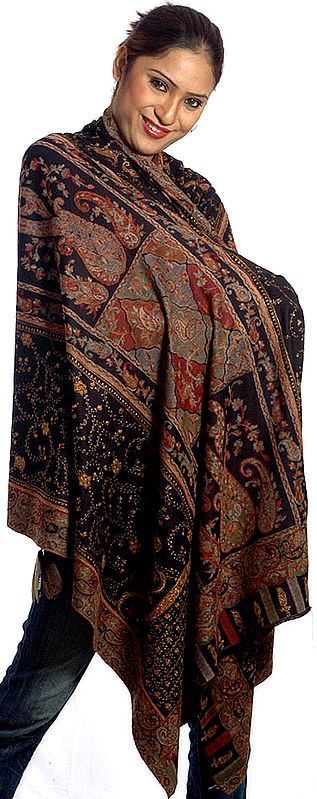 Black Kani Shawl with Multi-Color Weave and All-Over Embroidery