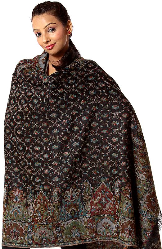 Black Kani Shawl with Multi-Color Woven Jaal