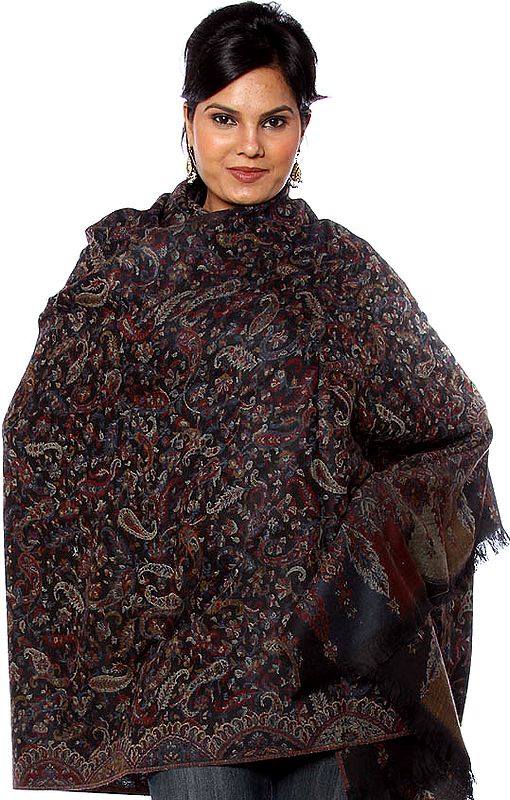 Black Kani Shawl with Multi-Color Woven Paisleys
