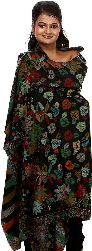 Black Kani Shawl with Woven Flowers and Leaves in Multi-Color Thread