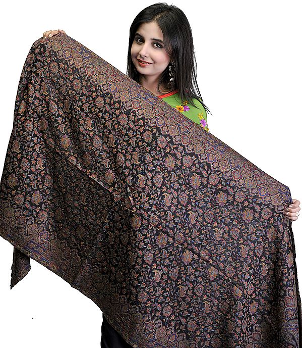 Black Kani Stole with All-Over Woven Paisleys in Multi-Color Thread