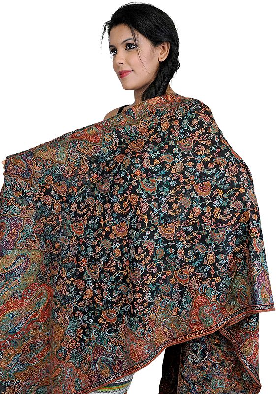 Black Kani Stole with Kalamkari Needle Embroidered by Hand All Over