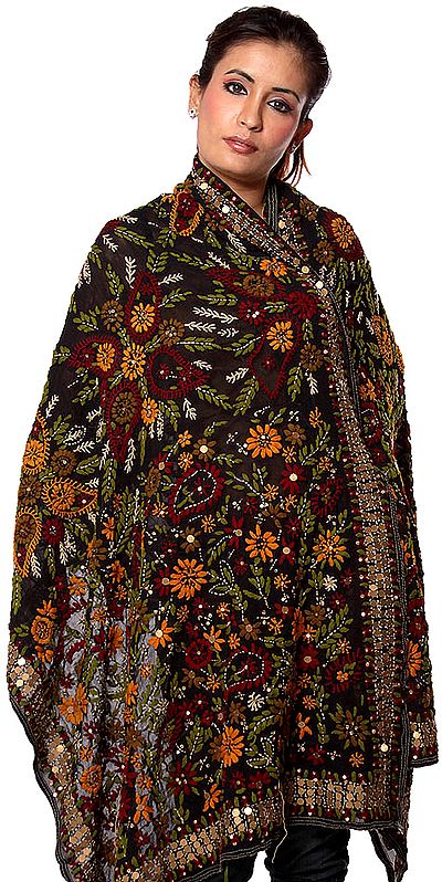 Black Kantha Embroidered Shawl with All-Over Sequins