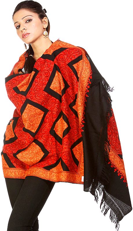 Black Kashmir Stole with Dense Aari Embroidery by Hand