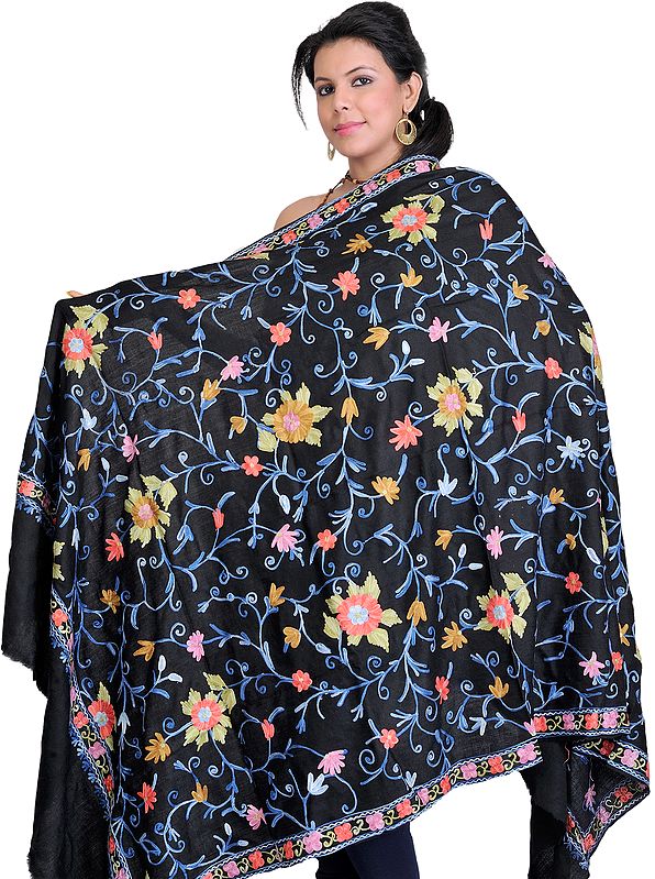 Black Kashmiri Shawl with Aari Embroidered Flowers All-Over