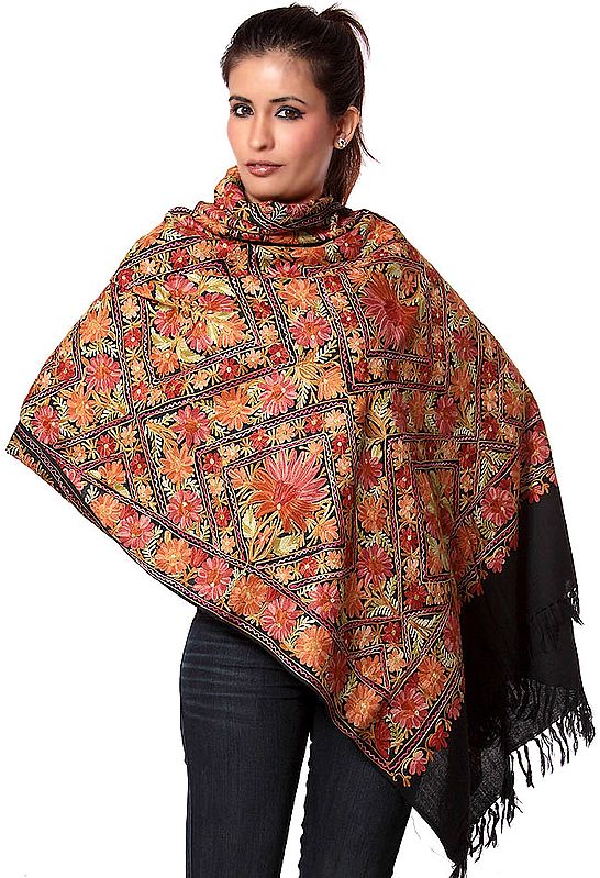 Black Kashmiri Stole with Dense Floral Aari Embroidery