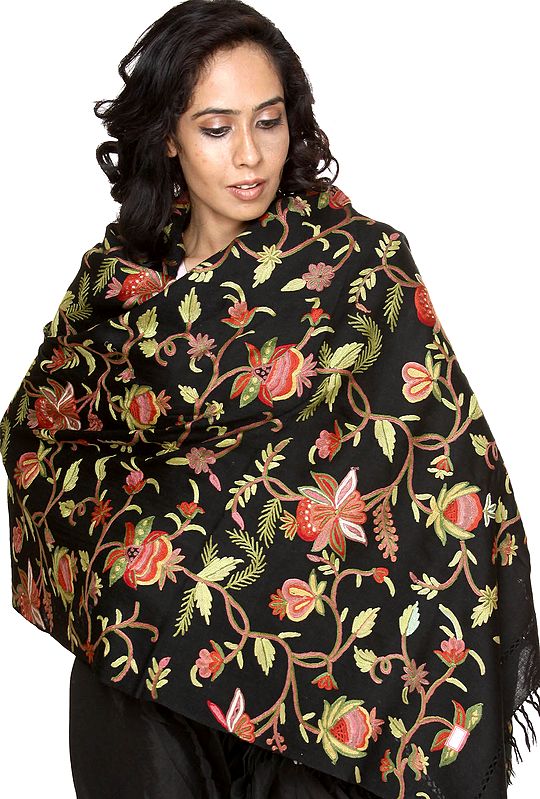Black Kashmiri Stole with Hand-Embroidered Flowers All-Over