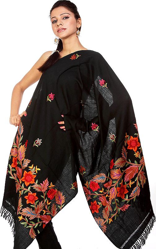 Black Kashmiri Stole with Hand-Embroidered Flowers on Border