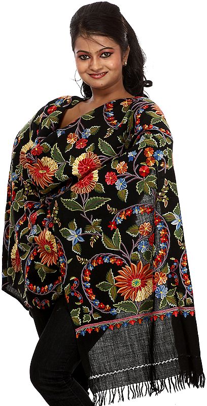 Black Kashmiri Stole with Large Hand Embroidered Flowers All-Over