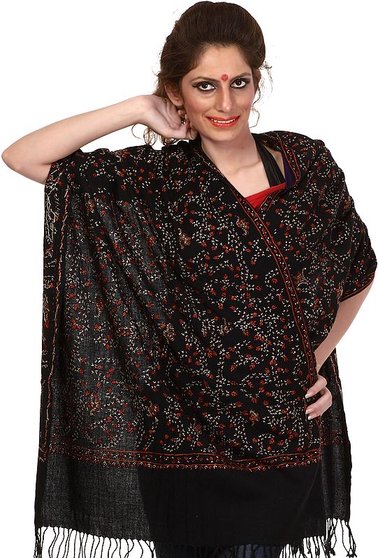 Black Kashmiri Stole with Needle Stitched Embroidered Flowers by Hand