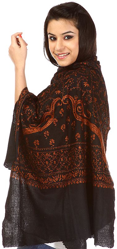 Black Kashmiri Tusha Stole with All-Over Sozni Embroidery  By Hand