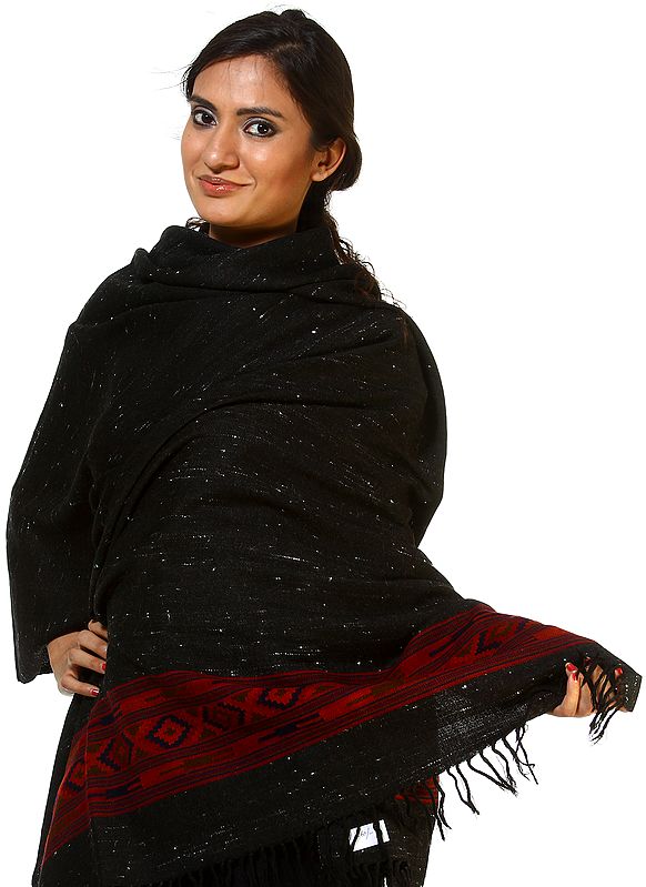 Black Kullu Stole with Kinnauri Border Woven by Hand