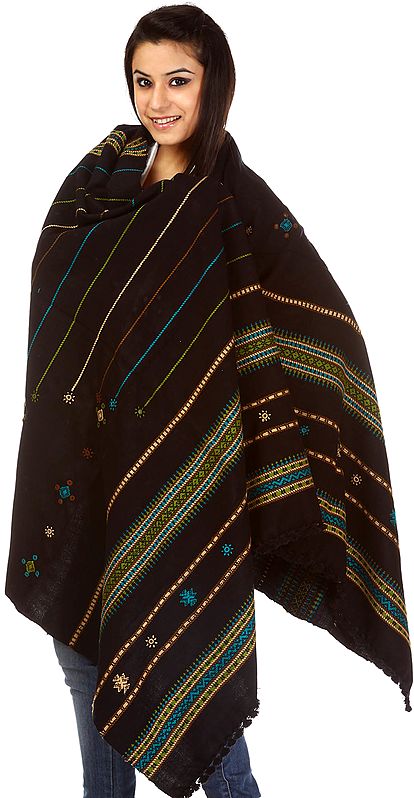 Black Kutch Shawl with Multi-color Stripes and Mirrors