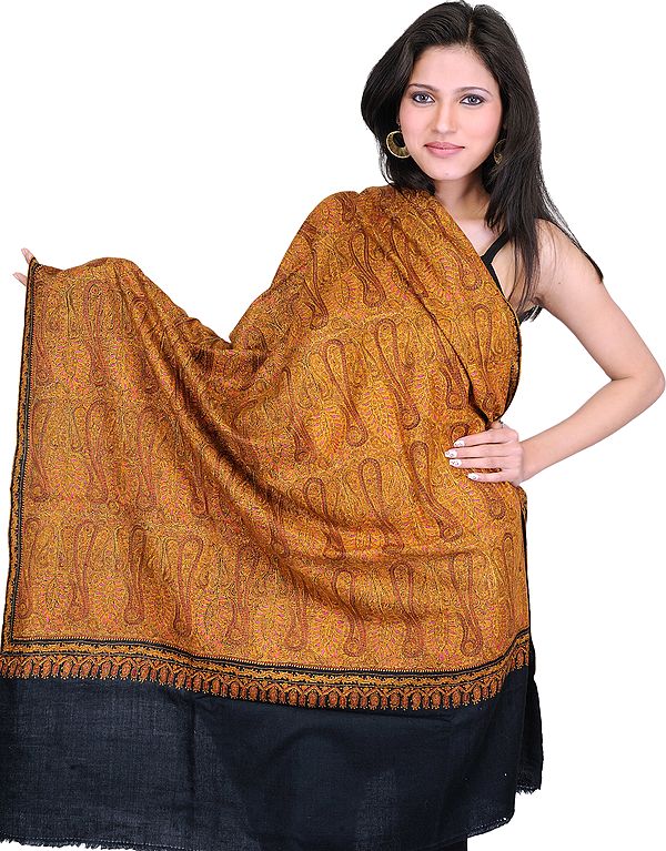 Black Pashmina Shawl from Kashmir with Authentic Intricate Jamdani Embroidery by Hand