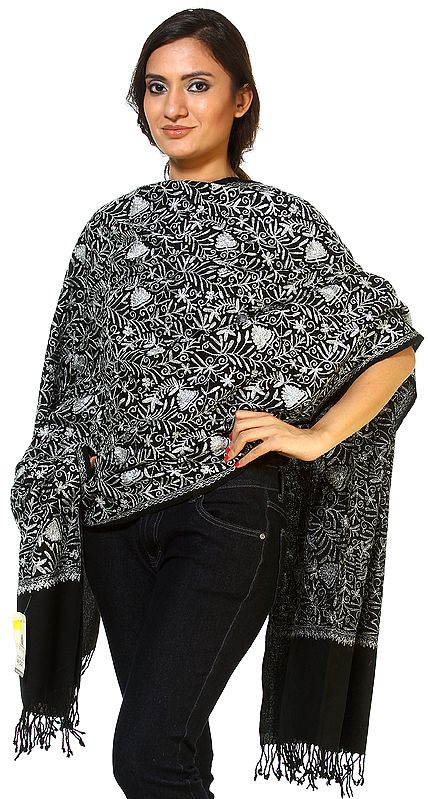 Black Phulkari Stole with Aari Embroidery in Silver Thread and Sequins All-Over