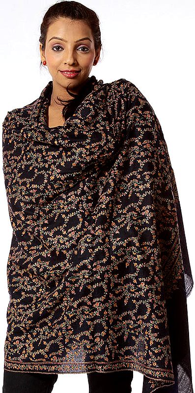 Black Pure Pashmina Shawl with All-Over Kashmiri Embroidery by Hand
