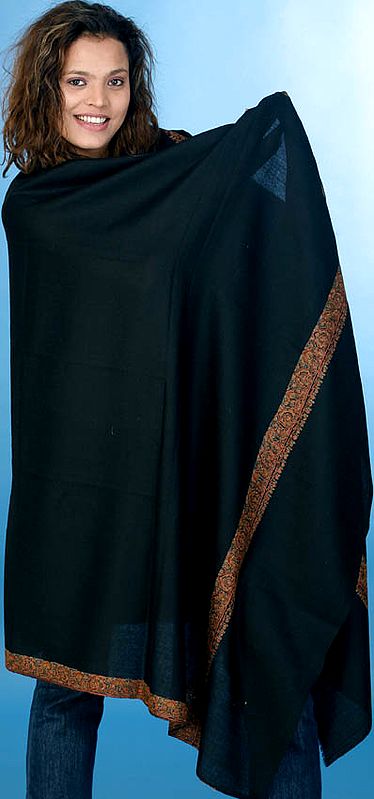 Black Semi-Pashmina Shawl with Densely Embroidered Border