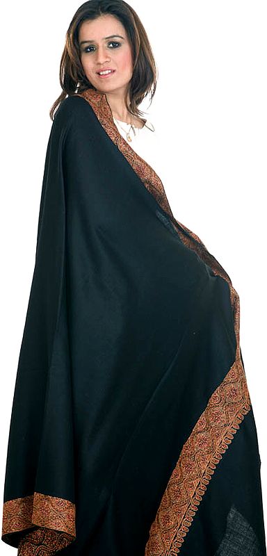 Black Semi-Pashmina Shawl with Densely Hand-Embroidered Border
