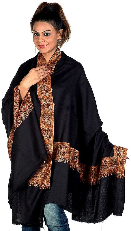 Black Semi-Pashmina Shawl with Densely Hand-Embroidered Border