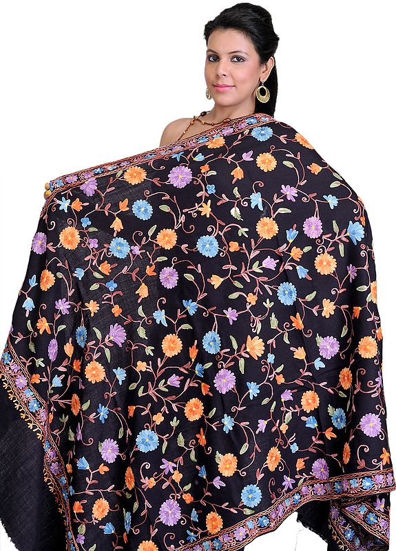 Black Shawl from Kashmir with all over Aari Embroidery