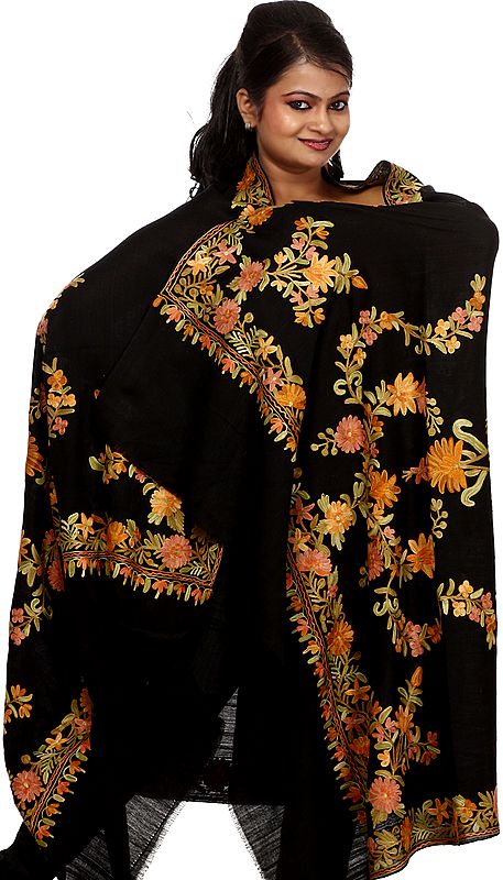 Black Shawl from Kashmir with Large Embroidered Flowers All-Over