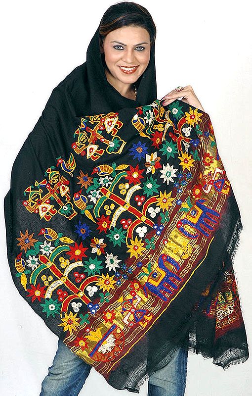 Black Shawl from Kutchh with Aari-Embroidery and Mirrors