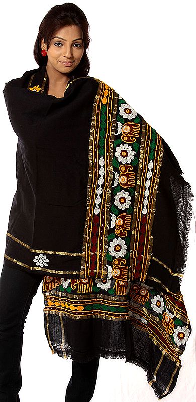 Black Shawl from Kutchh with Embroidered Elephants and Flowers