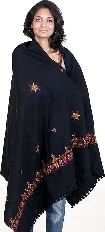 Black Shawl from Kutchh with Threadwork and Mirrors