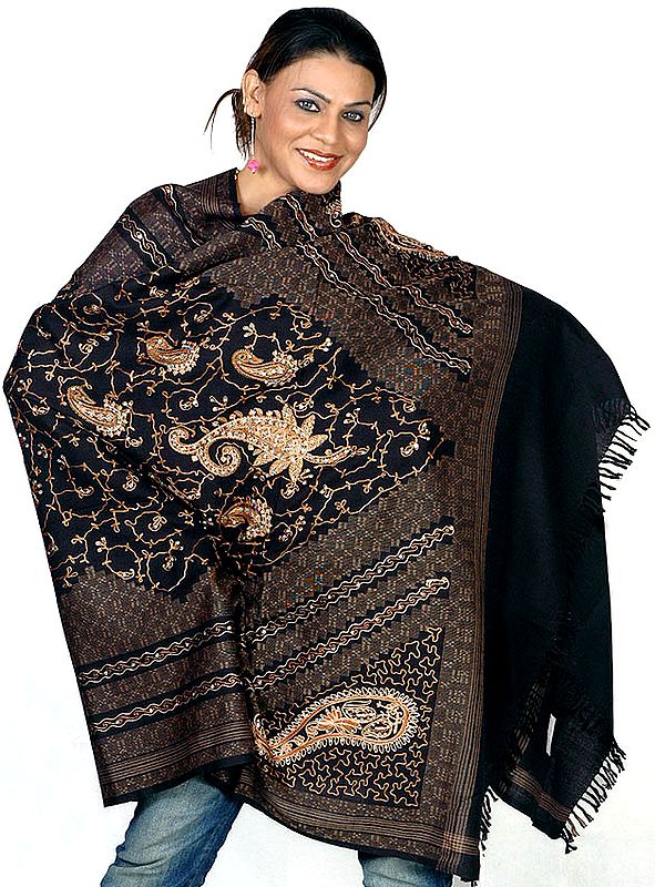 Black Shawl with Crewel Embroidered Paisley and Sequins