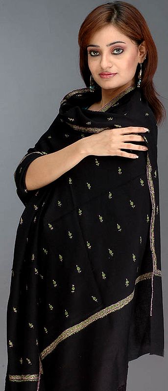Black Shawl with Embroidered Bootis