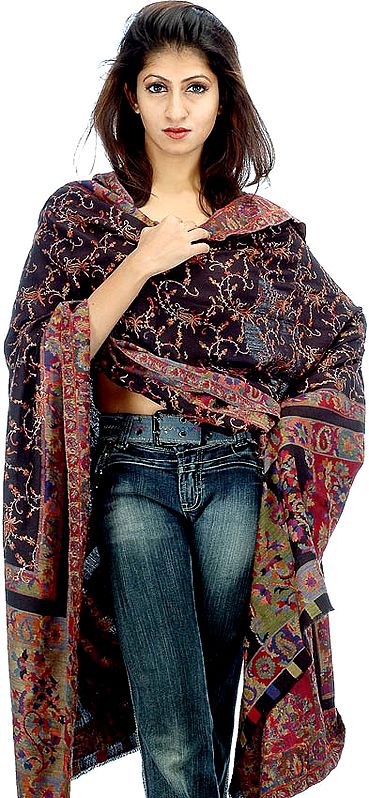 Black Shawl with Kani Border Embroidered All-Over by Hand