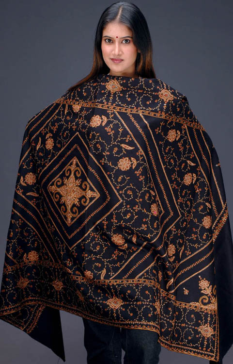 Black Shawl with Kantha Stitch Embroidery