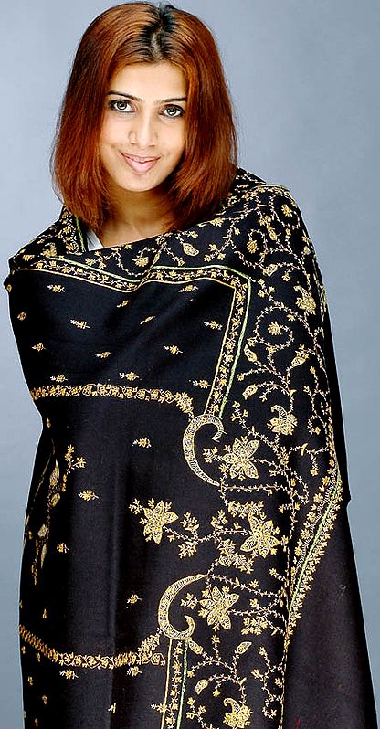 Black Shawl with Kantha Stitch Embroidery