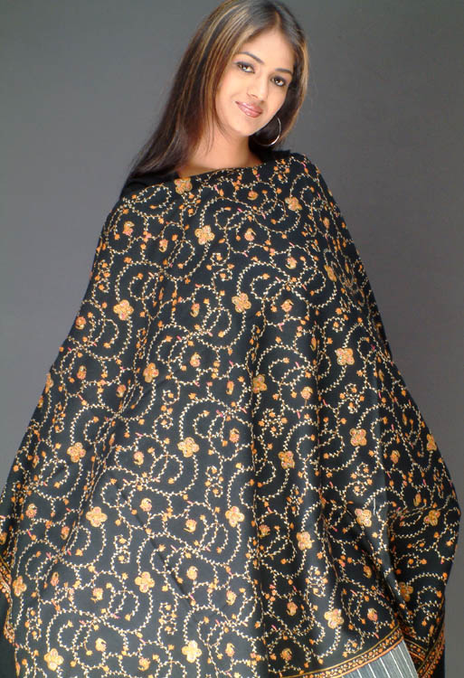 Black Shawl with Multi-Color Embroidery