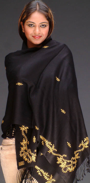 Black Silk Pashmina Stole with Embroidery