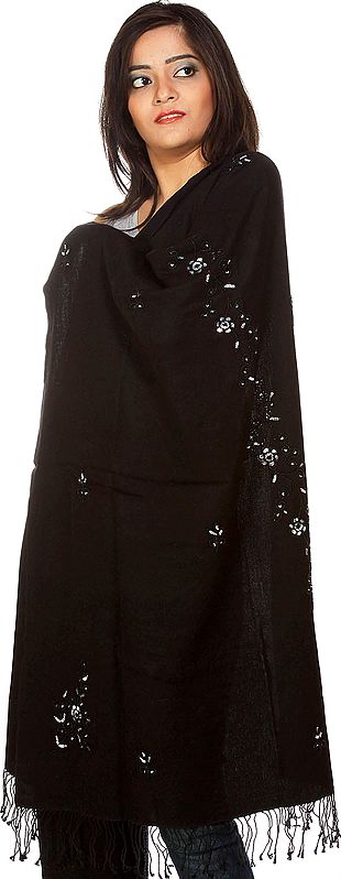 Black Silk-Pashmina Stole from Nepal with Embroidered Beads and Sequins