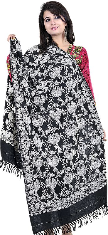 Black Stole from Amritsar with Aari Embroidered Flowers and Sequins