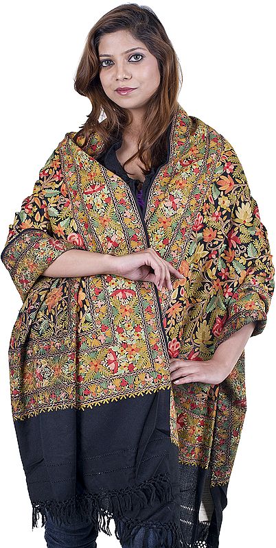 Black Stole from Amritsar with Densely Embroidered Flowers All-Over